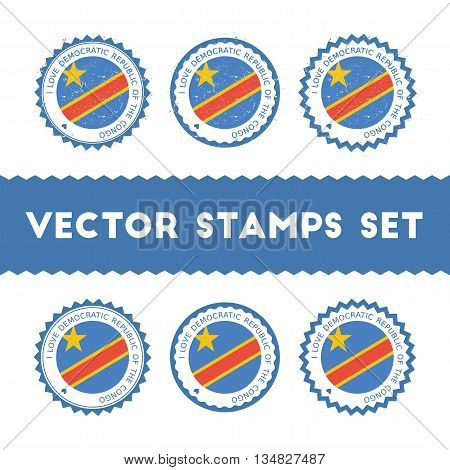I Love Congo, The Democratic Republic Of The Vector Stamps Set. Retro Patriotic Country Flag Badges.