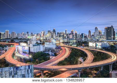 Bangkok, Thailand - July 21, 2013:  Bangkok Expressway and Highway top view, Sunset scene Thailand.