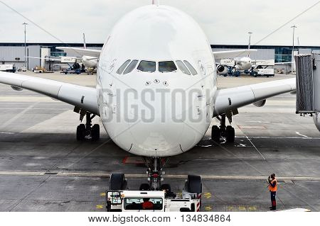 PARIS FRANCE - JUNE 11: Huge A380 Airbus airplane is seen on Charles de Gaulle International Airport on June 11 2016 in Paris. Air France announced a pilot strike between 11 and 14 of June.