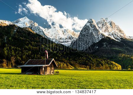 cabin in front of zugspitze waxenstein h llental garmisch