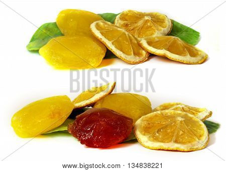 frozen fruit lemon juice frozen ice cubes isolated on white background. Feminine beauty and cosmetics concept