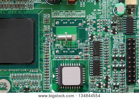 Socket electronics components on PC computer mainboard and have concept about technology.