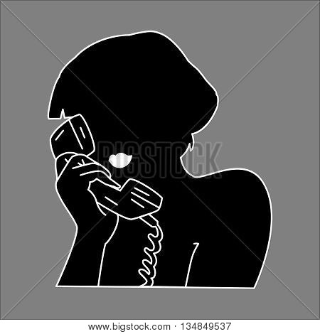 The woman's silhouette with phone. A vector illustration in black-and-white color