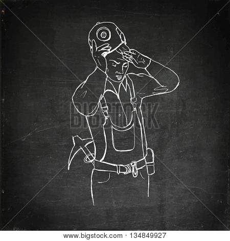 Miner hard working. Hand drawn vector stock illustration. Chalk board drawing