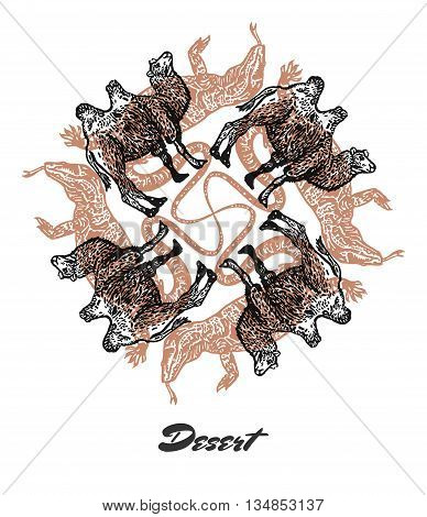 Vector Desert mood Engraved fractal outlet composition. Bright colored composition with Camels and Varans