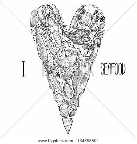 Graphic seafood in the shape of tilda heart. Sea and ocean creatures isolated on white background. Coloring book page design for adults and kids