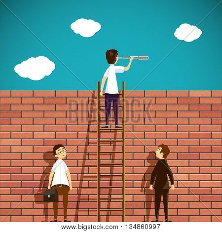 Man standing on a ladder. Brick wall. Stock Vector cartoon illustration.