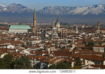 Vicenza, Italy, Panorama Of The City With Basilica Palladiana And The Dome Of Saint Stephan Church