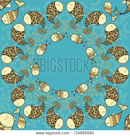 Pattern with sea life objects. Seamless pattern with fishes and bubbles. Maelstrom of fish. Cartoon style. Vector illustration.
