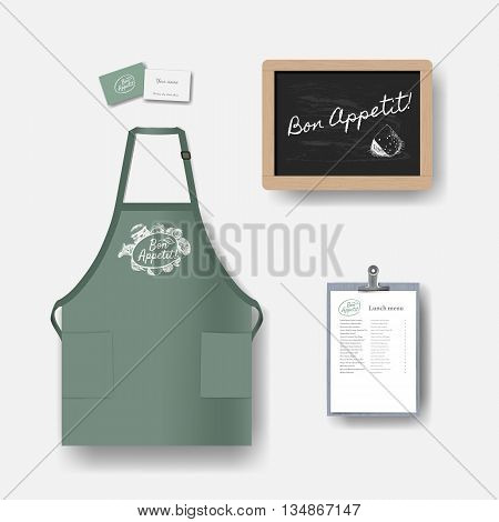 Vector restaurant cafe set: chalkboard menu business card and apron. Layout set of corporate identity. Mock up template.