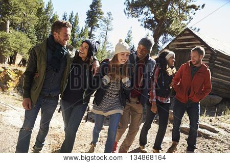 Group of six friends hike past cabin in a forest, low angle