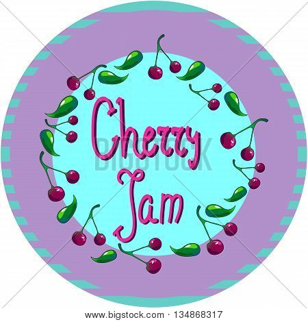 Cherry round logo or tag for jam, or marmalade vector illustration for confiture, can cap design, template for cherry food or drink hand-drawn