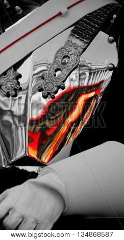 Abstract Trooper of The Household Cavalry with a London Bus reflection,Black & White with a touch of Colour