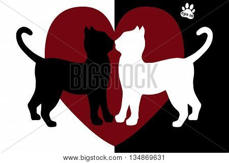 Black and white silhouette cat. Vector illustration. Simple vector illustration of a cat on red background heart