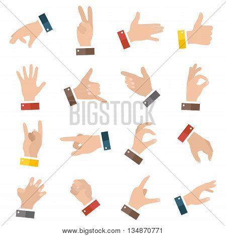 Open empty hands showing different gestures. 16 icons set isolated. Vector hand illustration EPS10