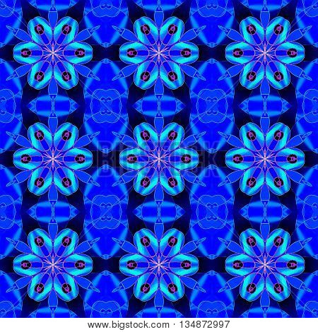 Abstract geometric seamless background. Regular floral pattern, symmetric blossoms in blue shades with  violet, magenta and black elements on dark blue, conspicuous and vividly.