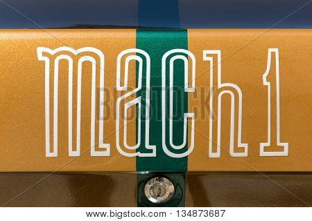 TURIN, ITALY - JUNE 9, 2016: Mach 1 logo on a Ford Mustang