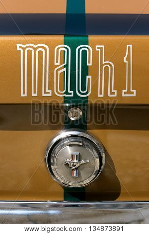 TURIN, ITALY - JUNE 9, 2016: Detail of the rear of a Ford Mustang Mach1