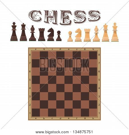 Vector set of chess figures. Illustration of chess piece and board. Icons and design elements isolated on white background.