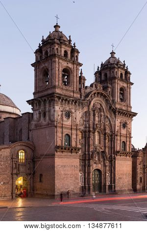 Central Cusco Peru church in twilight with light trails
