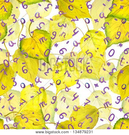Seamless autumn pattern with yellow autumn leaves and hand written letters and numerals. School background. Aquarel