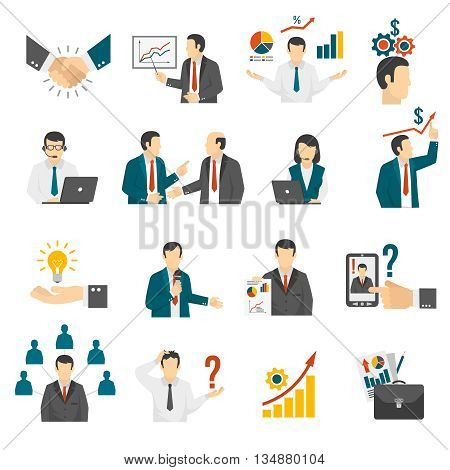 Effective business management training program and leadership development consulting service flat icons set abstract isolated vector illustration