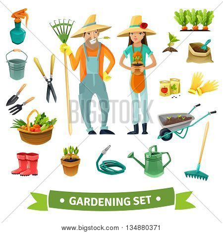 Gardening cartoon set with people harvest and equipment isolated vector illustration