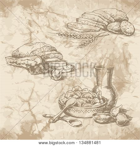 Freehand drawing on the old paper. Bread with bacon garlic sour cream jug and a plate of dumplings. Vintage style of food design.