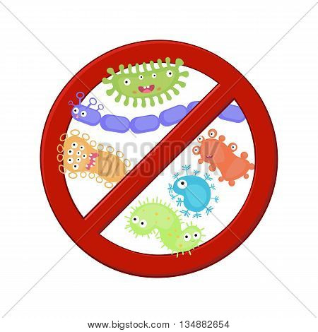 Antibacterial sign with a set of cartoon bacteria. Bacteria kill symbol.