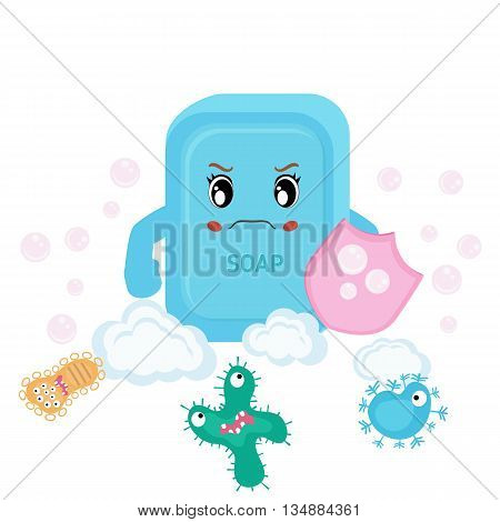 Vector illustration of soap and bacteria run away