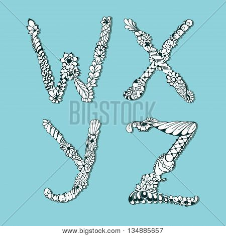 Hand drawn floral alphabet with mehndi elements. Vector illustration. Letters W X Y Z.