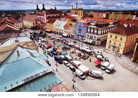 18/06/2016 Chomutov city Czech Republic - south view from the 'Mestska vez' tower to the historic town with 'Namesti 1. Maje' 'square during the farmers' markets