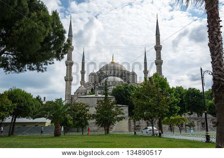 ISTANBUL, TURKEY - JUNE 19, 2015: Sultan Ahmet Mosque (Turkish: Sultan Ahmet Camii) a historic mosque in Istanbul Turkey. The mosque is popularly known as the Blue Mosque for the blue tiles adorning the walls of its interior