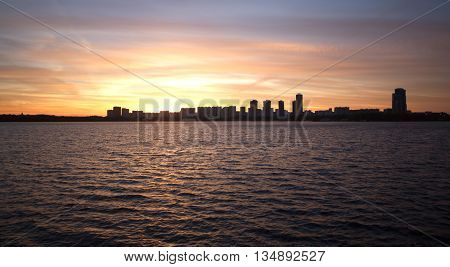 Moscow Strogino district in the evening at sunset. View from Strogino Bay