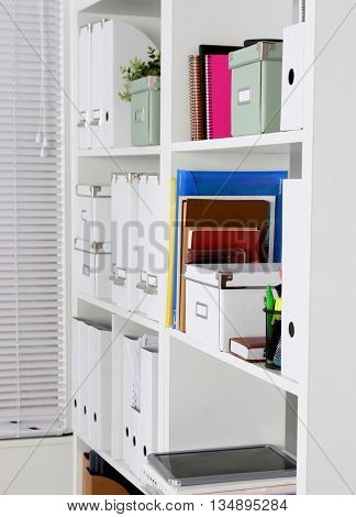 Bookcase with folders. cabinet, shelf, file door