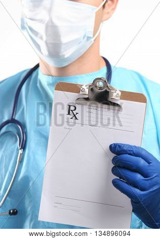 Male Doctor Standing With Folder, Isolated On White Background