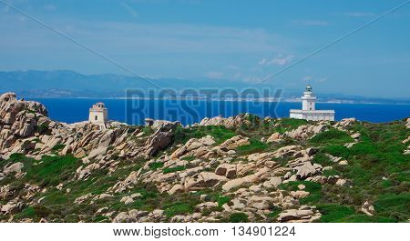 Corsica seen from Sardinia, behind the light towerr