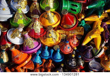 Morocco tajines, ceramic handcraft at Meknes market