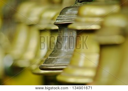 Prayer bells in a Kathmandu square, Buddhist religion