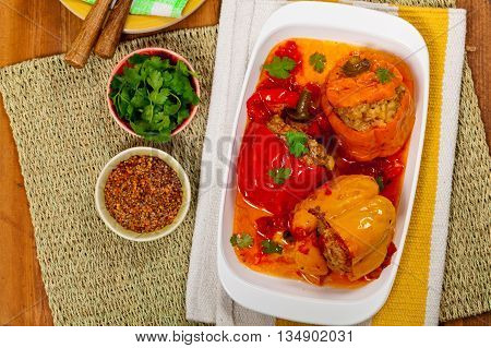 Baked Stuffed Red Bell Pepper with Meat and Rice. Selective focus.
