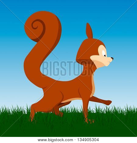 Vector orange squirrel on natural green blue background