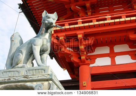 Fox sculture in Fushimi Inari Shrine in Kyoto Japan