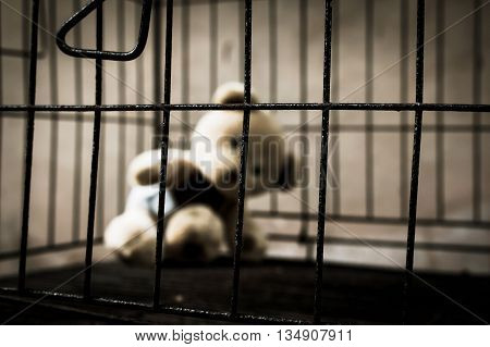 Cute teddy bear in jail vintage tone