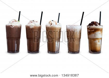 Five different kind of iced coffee isolated on white background, stock photo