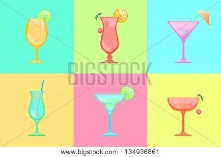 Set of cocktail icons. Martini and Margarita Saucer and champagne Hurricane and pina colada Sour Tulip and Beer Goblet glass. Candy Relax summer background.