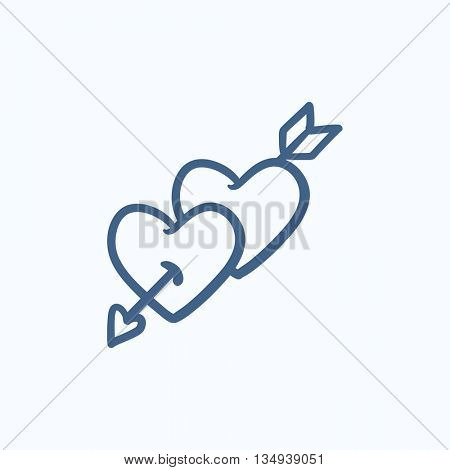 Two hearts pierced with arrow vector sketch icon isolated on background. Hand drawn Two hearts pierced with arrow icon. Two hearts pierced with arrow sketch icon for infographic, website or app.