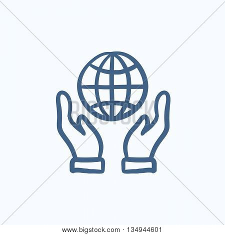 Two hands holding globe vector sketch icon isolated on background. Hand drawn Two hands holding globe icon. Two hands holding globe sketch icon for infographic, website or app.
