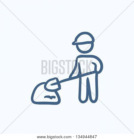 Man with shovel and hill of sand vector sketch icon isolated on background. Hand drawn Man with shovel and hill of sand icon. Man with shovel sketch icon for infographic, website or app.