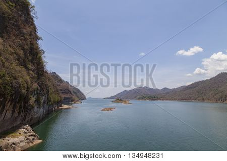landscape view of Vajiralongkorn Dam in Kanchanaburi Thailand