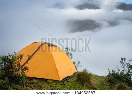 Tent in the mountains Andes. Salkantay Trekking Peru.
